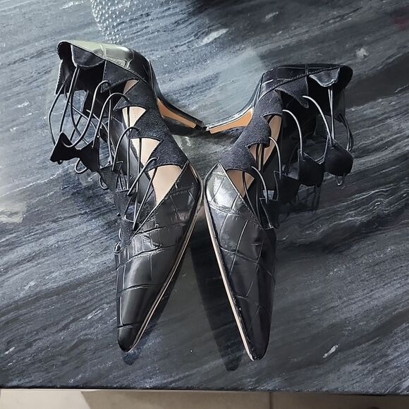 ZARA STRAPPY LEATHER POINTED TOE KITTEN HEEL SANDAL - Picture 10 of 14